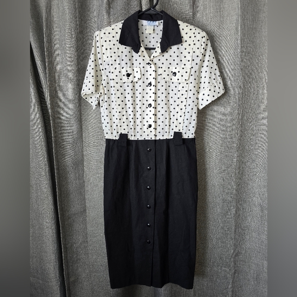 Peri Petites Vtg 80s Polka Dot Button Down Pencil Dress Size 8 Pinup Housewife